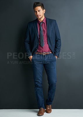 Buy stock photo Portrait, businessman and grey background or professional, studio and formal. Confidence, corporate and man or male employee, mockup space and career or consultant, suit and isolated in fashion