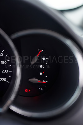 Buy stock photo Car, dashboard and zoom of gauge of motor vehicle for petrol, temperature and speed limit for drive or journey. Auto, speedometer and interior of luxury automobile for reading of fuel consumption