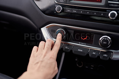 Buy stock photo Hand, air conditioning and center console of car for temperature, heat control and wind limit for drive or journey. Auto, thermometer and interior of automobile for adjusting of airflow or cooling