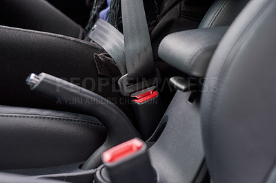 Buy stock photo Safety, motor vehicle and seatbelt of car for journey, transportation and security for road trip. Legs, travel and protection with caution for adventure, driving and person for tour to destination