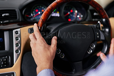 Buy stock photo Closeup shot of a businessman driving a car
