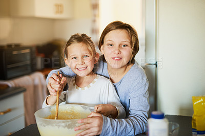 Buy stock photo Kitchen, siblings and girl learning to bake in home for cookies, dessert and bonding together. Happy family, sisters or children for cooking with ingredients, recipe and teaching for cake in house