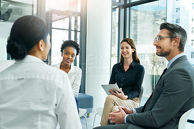 Buy stock photo Interview, businesspeople and office with discussion for meeting with job for employment conversation. Hiring, corporate and potential employee for finance company in Switzerland with technology.