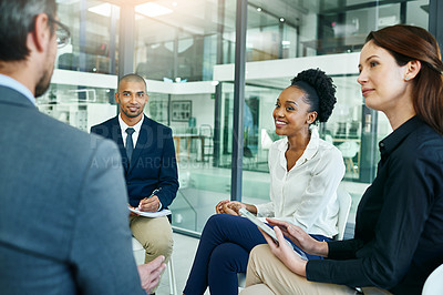 Buy stock photo Meeting, office and businesspeople for discussion with teamwork for job with collaboration conversation. Corporate, planning and diversity with marketing strategy for finance in accounting firm.