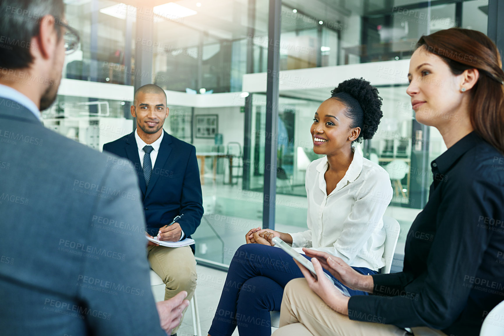 Buy stock photo Meeting, office and businesspeople for discussion with teamwork for job with collaboration conversation. Corporate, planning and diversity with marketing strategy for finance in accounting firm.