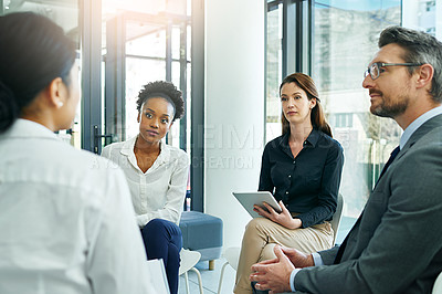 Buy stock photo Businesspeople, office and interview for discussion with meeting for job with employment conversation. Corporate, hiring and potential employee for finance company in Switzerland with technology.