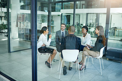 Buy stock photo Corporate, businesspeople and meeting for teamwork with conversation for debate in boardroom. Schedule, diversity and finance company with brainstorming for hiring of employees for growth in Germany.