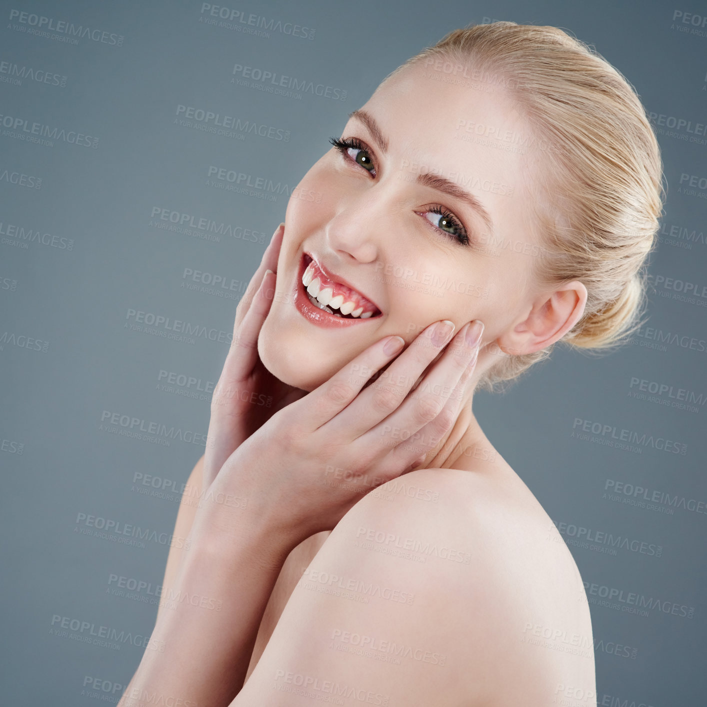 Buy stock photo Beauty, skincare and portrait of woman on gray background for wellness, cosmetics and facial treatment. Dermatology, happy and person with spa aesthetic for natural skin, salon and smile in studio