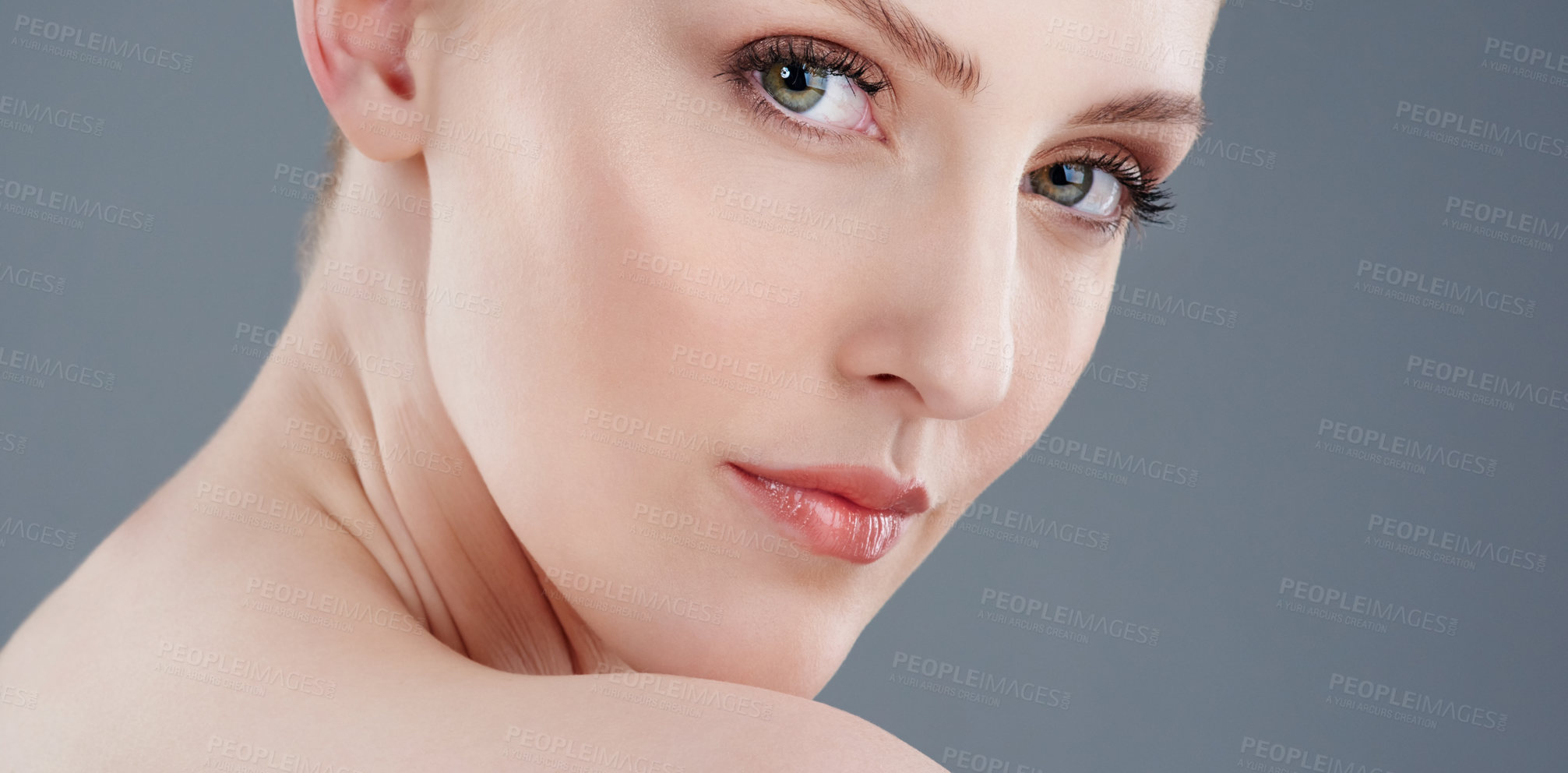 Buy stock photo Beauty, salon and portrait of woman on gray background for wellness, cosmetics and facial treatment. Dermatology, face and person with spa aesthetic for natural skin, skincare and health in studio