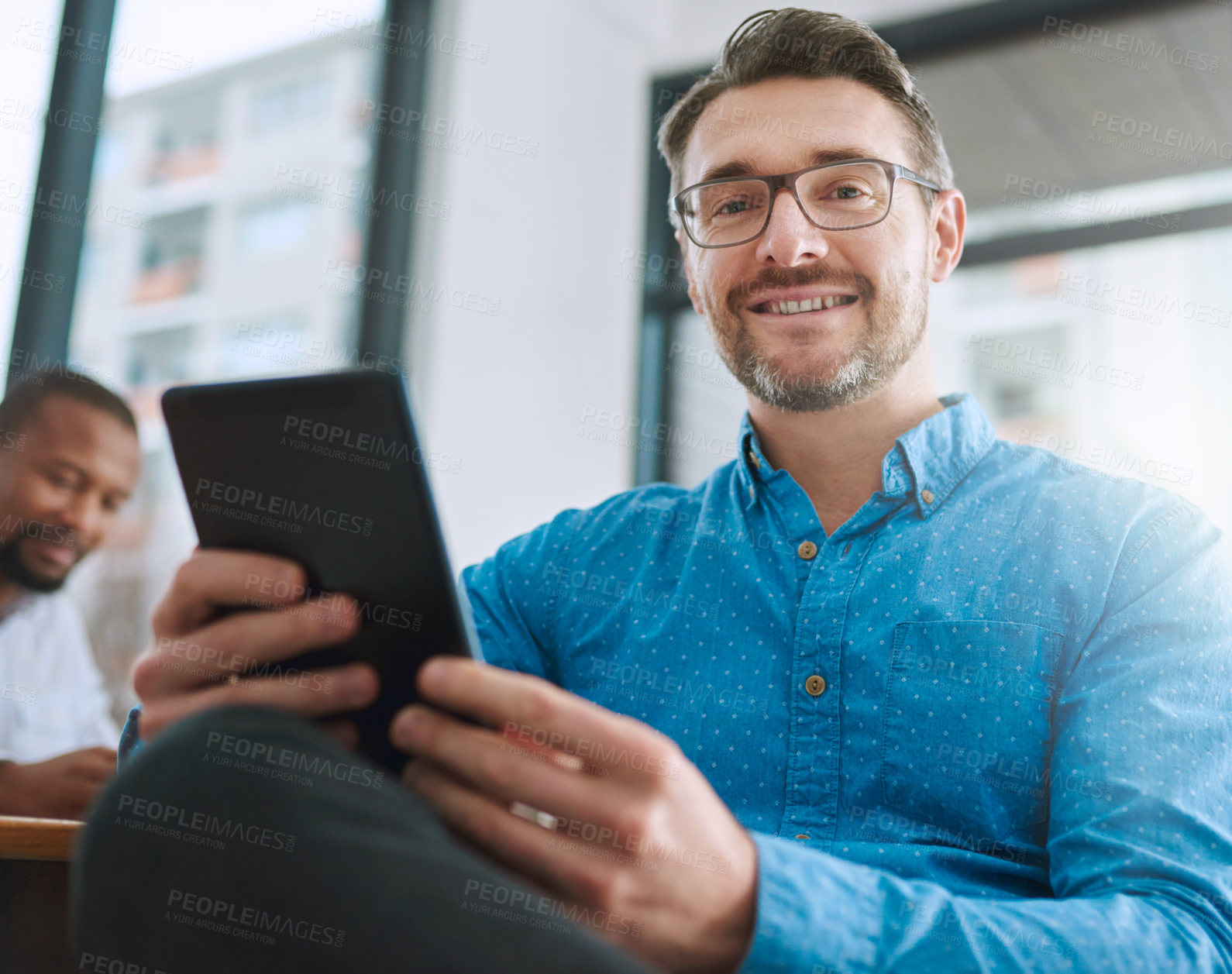 Buy stock photo Tablet, happy and portrait of businessman in office with research online for finance stock market. Smile, digital technology and male financial analyst with report for company capital gain profit