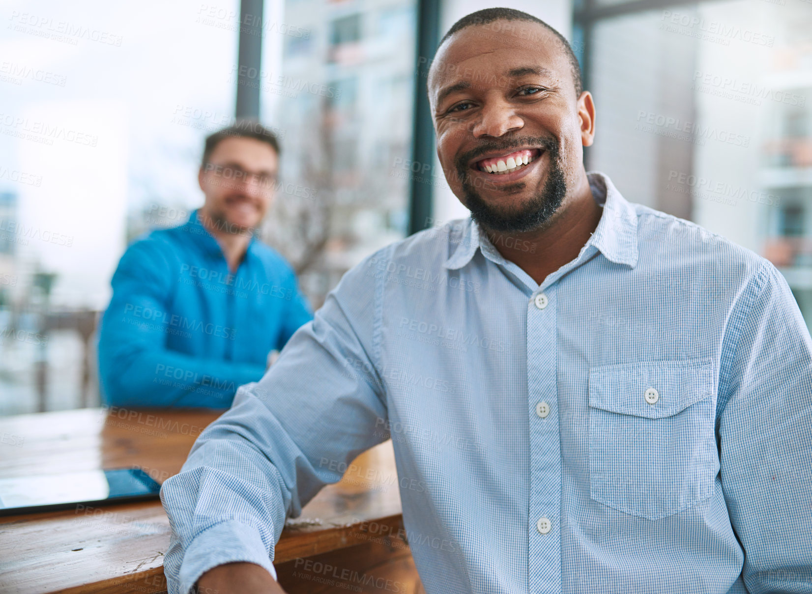 Buy stock photo Confident, happy and portrait of black man in office for finance stock market revenue plan. Business, pride and African male financial analyst with report for company capital gain or profit result.