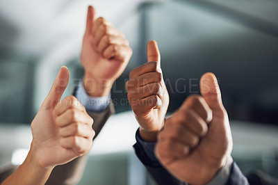 Buy stock photo Hands, support and business people with thumbs up for success, agreement and thank you gesture. Teamwork, collaboration or group with target, winner or excellence sign, vote or partnership motivation