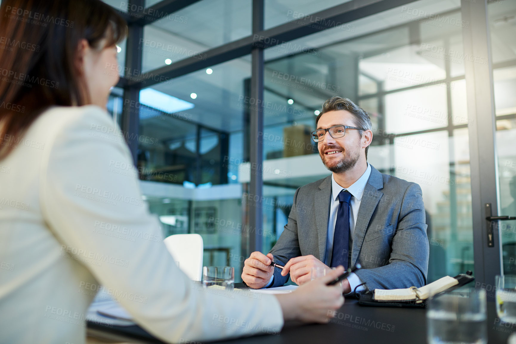 Buy stock photo Businessman, meeting and interview with client for partnership, b2b or hiring at office. Business people or intern talking to executive for recruiting, discussion or explaining contract at workplace