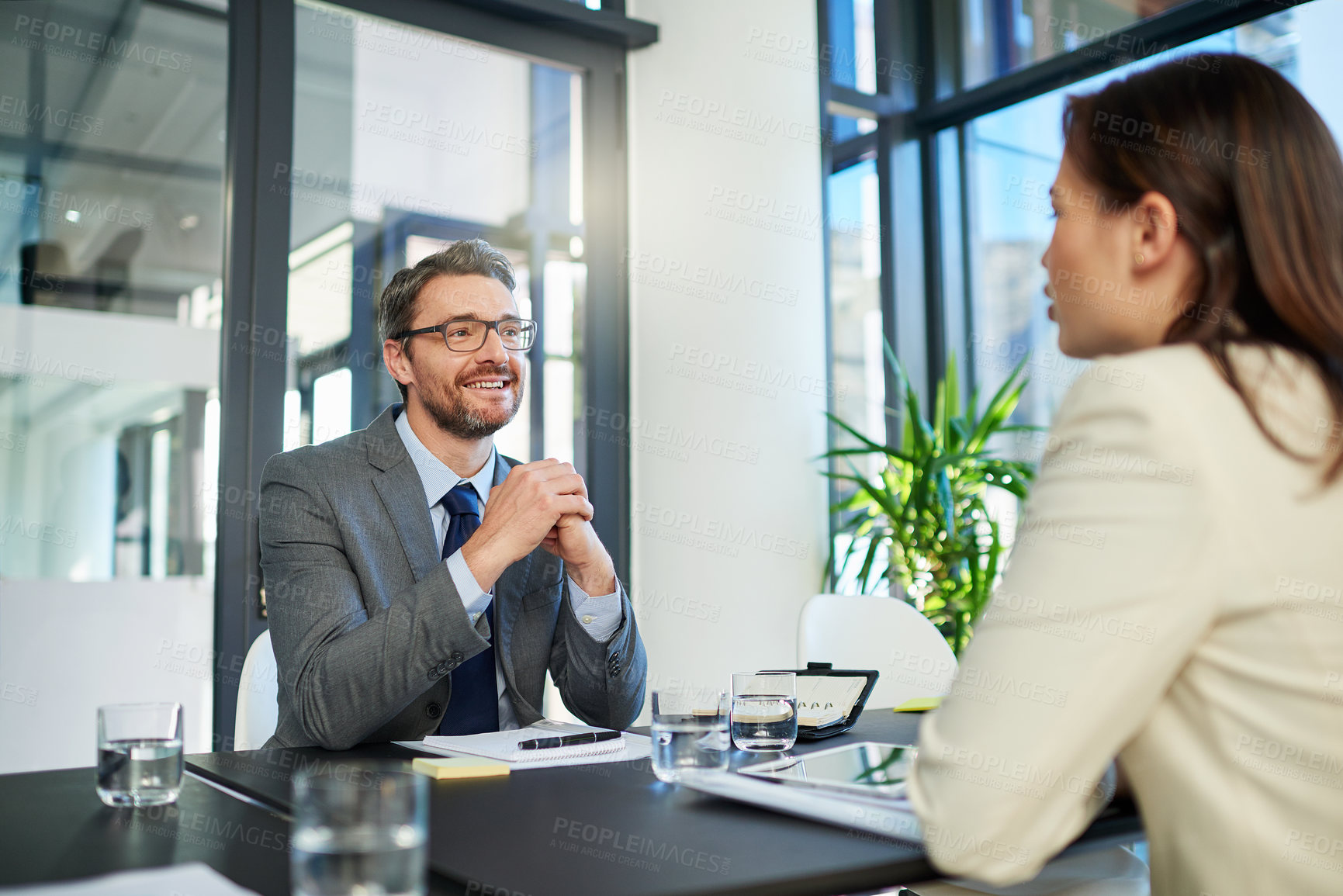 Buy stock photo Businessman, meeting and interview with client for b2b, patnership or hiring at office. Business people or intern talking to executive for recruiting, discussion or explaining contract at workplace