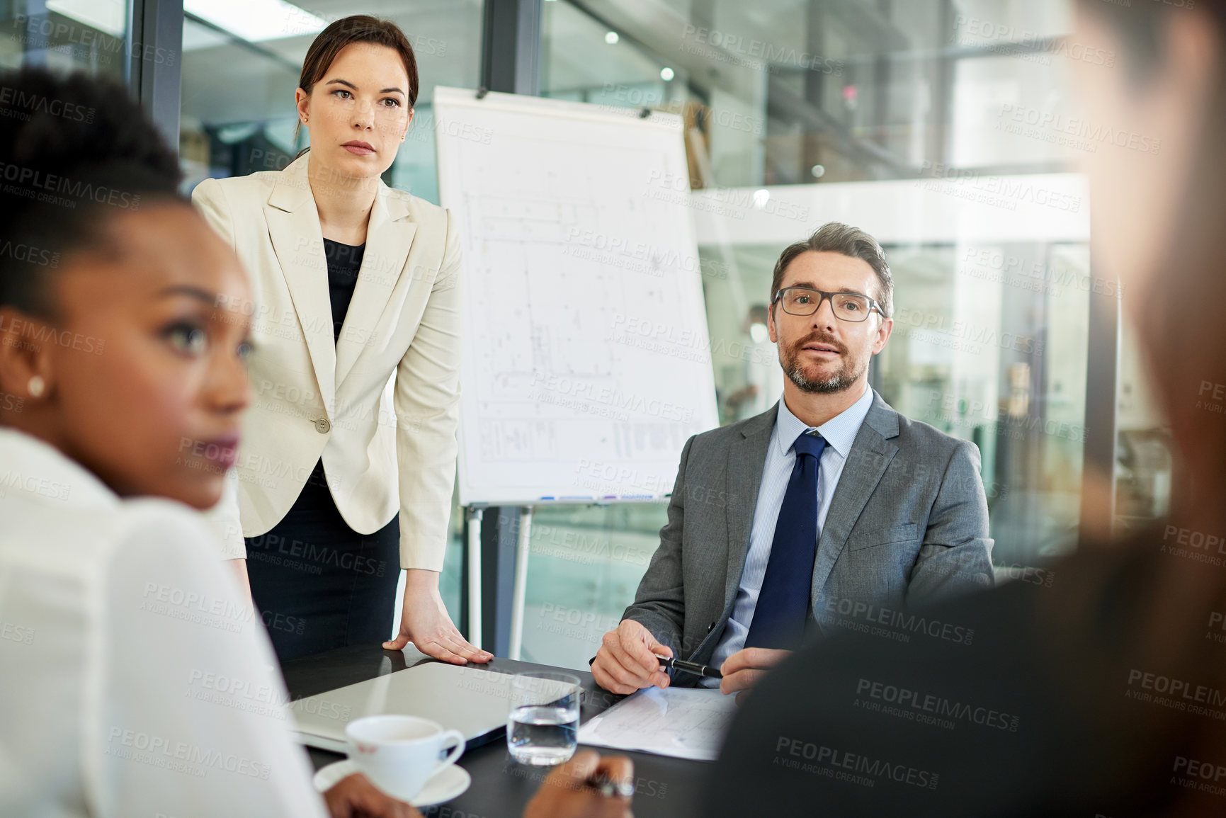 Buy stock photo Business people, meeting and discussion with team in boardroom for corporate finance or collaboration at office. Group of employees discussing company revenue, profit or project budget at workplace