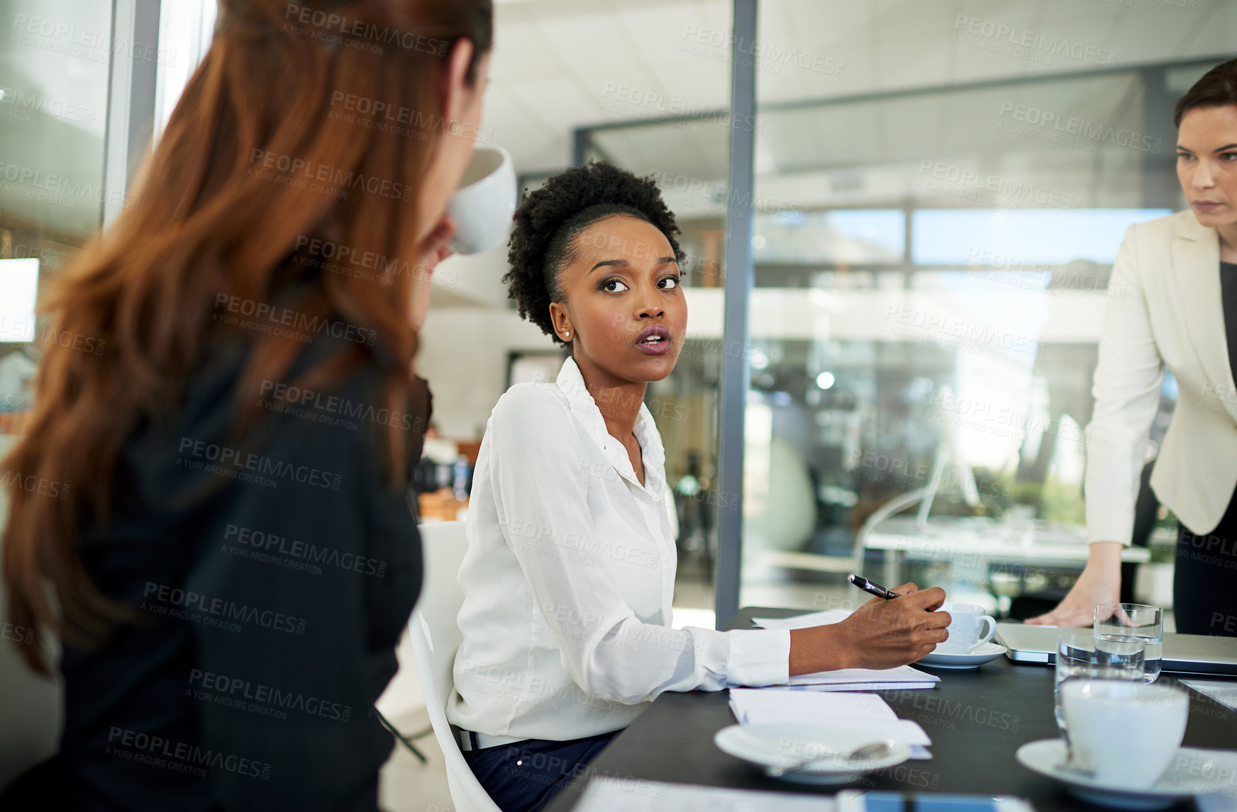 Buy stock photo Businesswoman, meeting and leadership in office for discussion, collaboration and strategy or plan. Female executive, notes and women in boardroom for team building, brainstorming and review