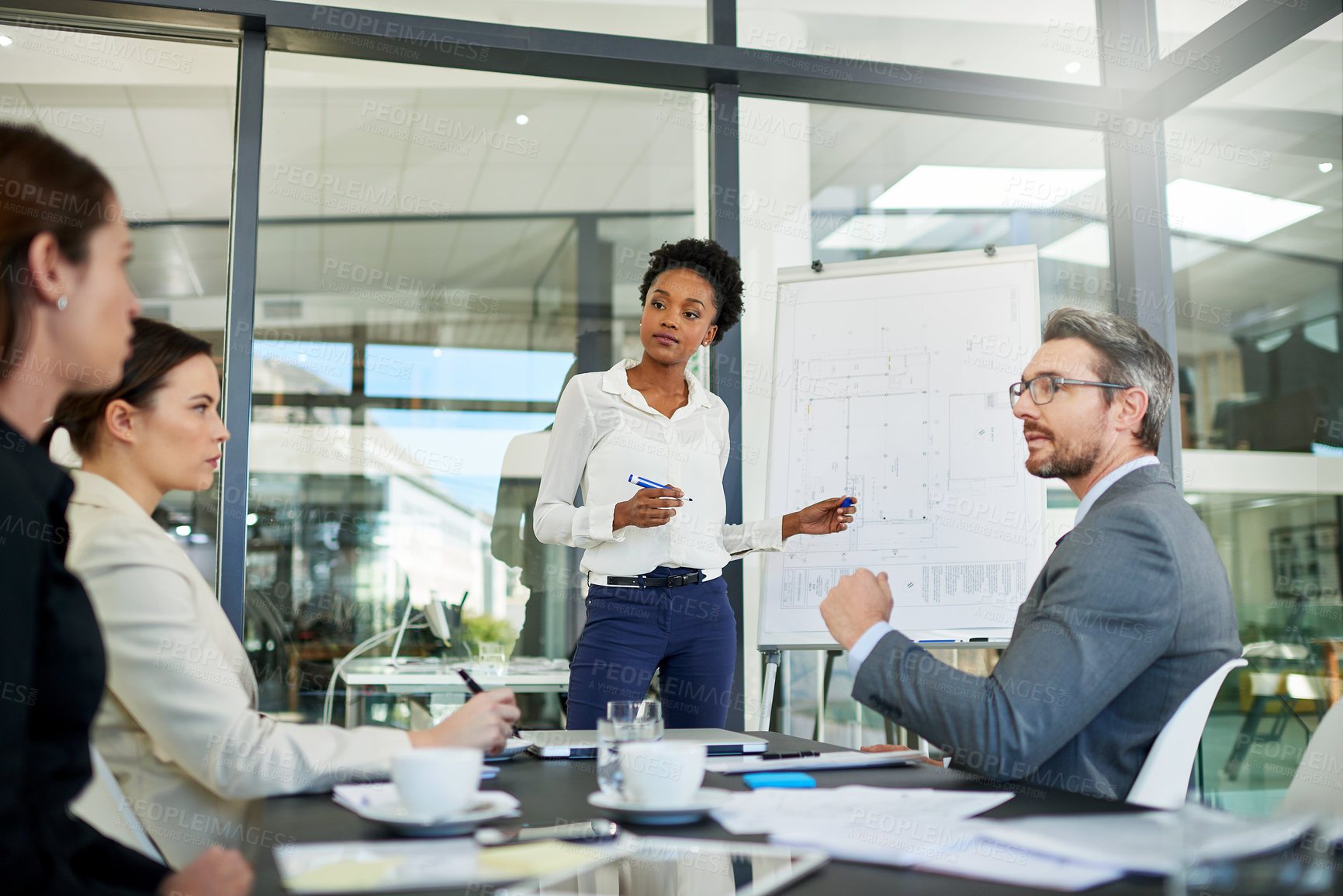 Buy stock photo Business woman, presentation and whiteboard with team for coaching, collaboration or project discussion at office. Female person or speaker talking to group of employees for brainstorming or planning