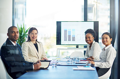 Buy stock photo Portrait of a group of businesspeople having a boardroom meeting together
