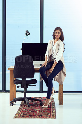 Buy stock photo Woman, portrait and consultant at office desk, designer and confident small business owner. Female person, entrepreneur and proud of career opportunity at creative agency, smile and fashion advisor