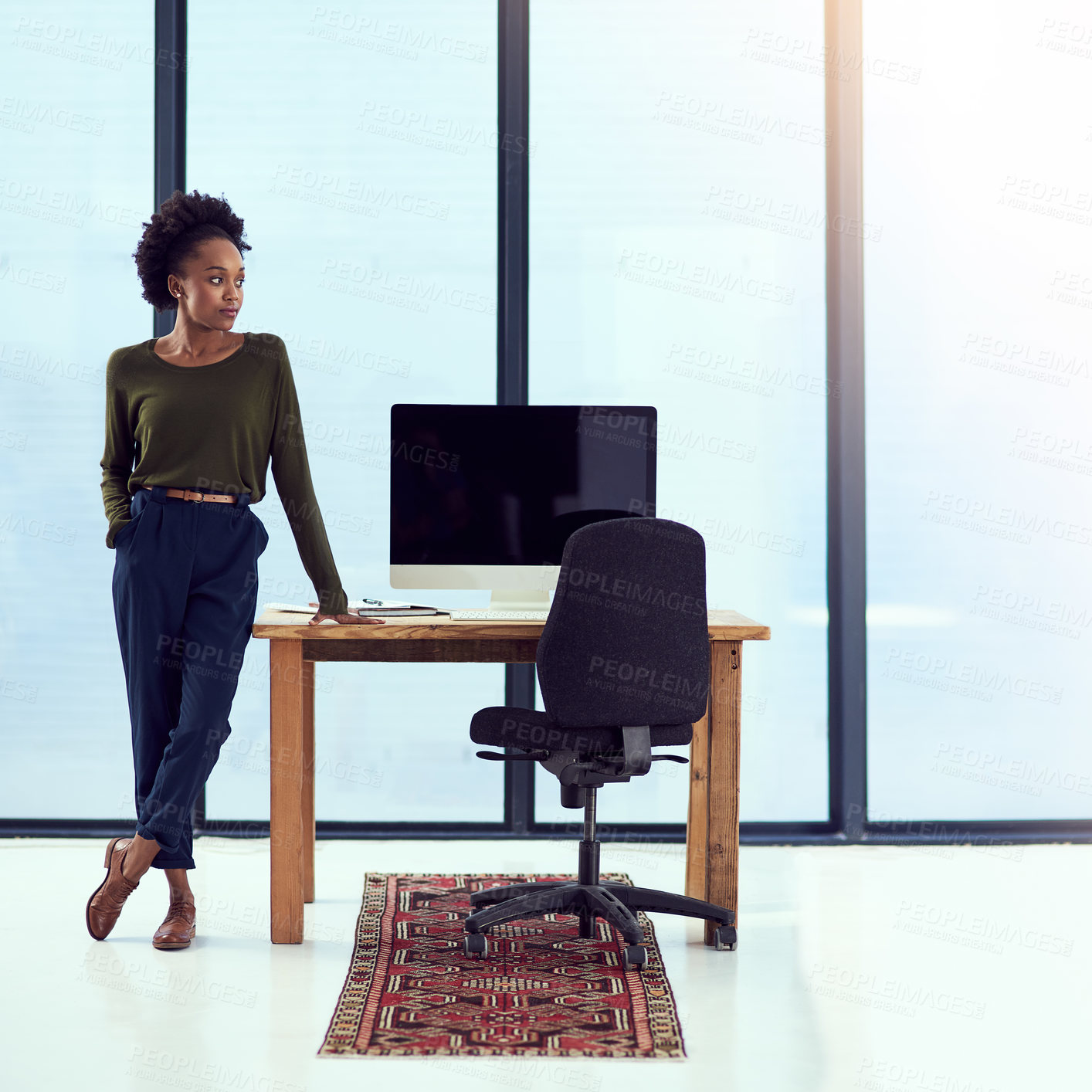 Buy stock photo Black woman, thinking and consultant at office, designer and small business owner at desk. Female person, entrepreneur and proud of career opportunity at creative agency, planning and computer screen