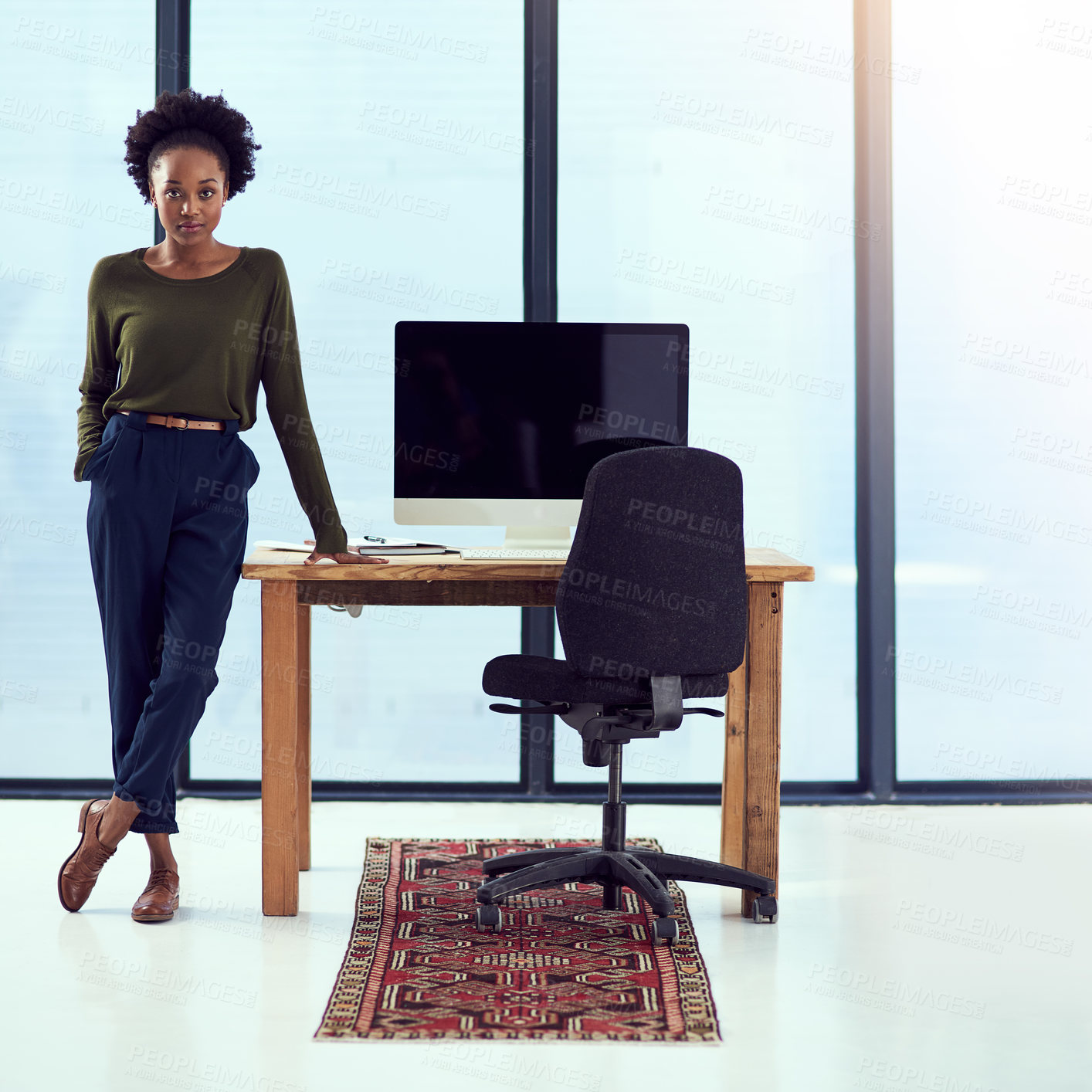 Buy stock photo Black woman, portrait and consultant at office desk, professional and confident small business owner. Female person, entrepreneur and proud of career opportunity at agency, serious and legal advisor