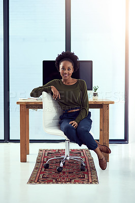 Buy stock photo Black woman, portrait and consultant in office chair, confident and small business owner. Female person, entrepreneur and proud of career opportunity at creative agency, smile and professional