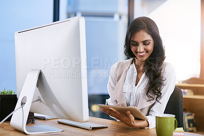 Buy stock photo Business, woman and happy in office with tablet for productivity or reading emails, information and website design. Girl, digital technology and networking or project management for corporate company