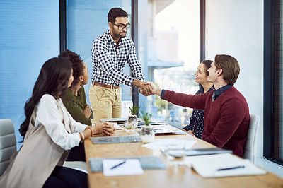 Buy stock photo Meeting, handshake and teamwork for sales deal, success and b2b collaboration. Boardroom, agreement and business people for investment company, finance and negotiation with thank you in workplace