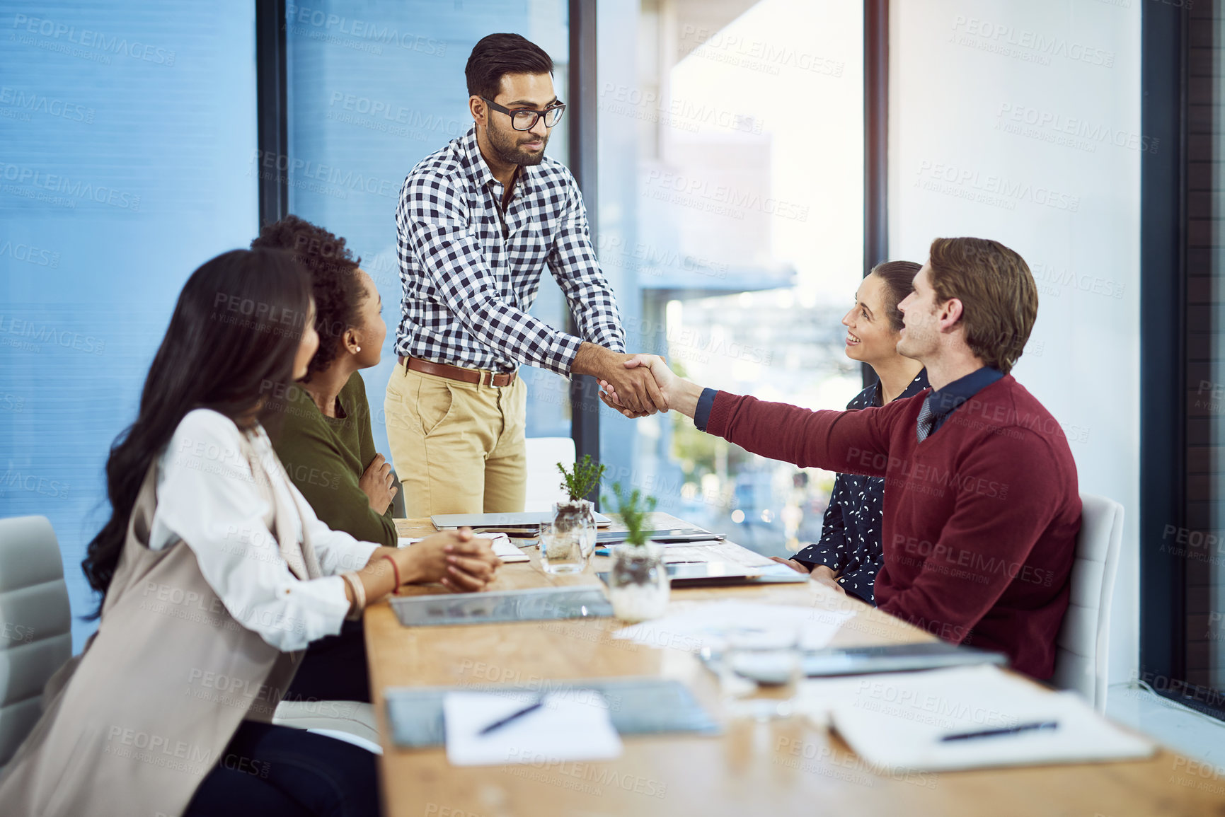 Buy stock photo Meeting, handshake and teamwork for sales deal, success and b2b collaboration. Boardroom, agreement and business people for investment company, finance and negotiation with thank you in workplace