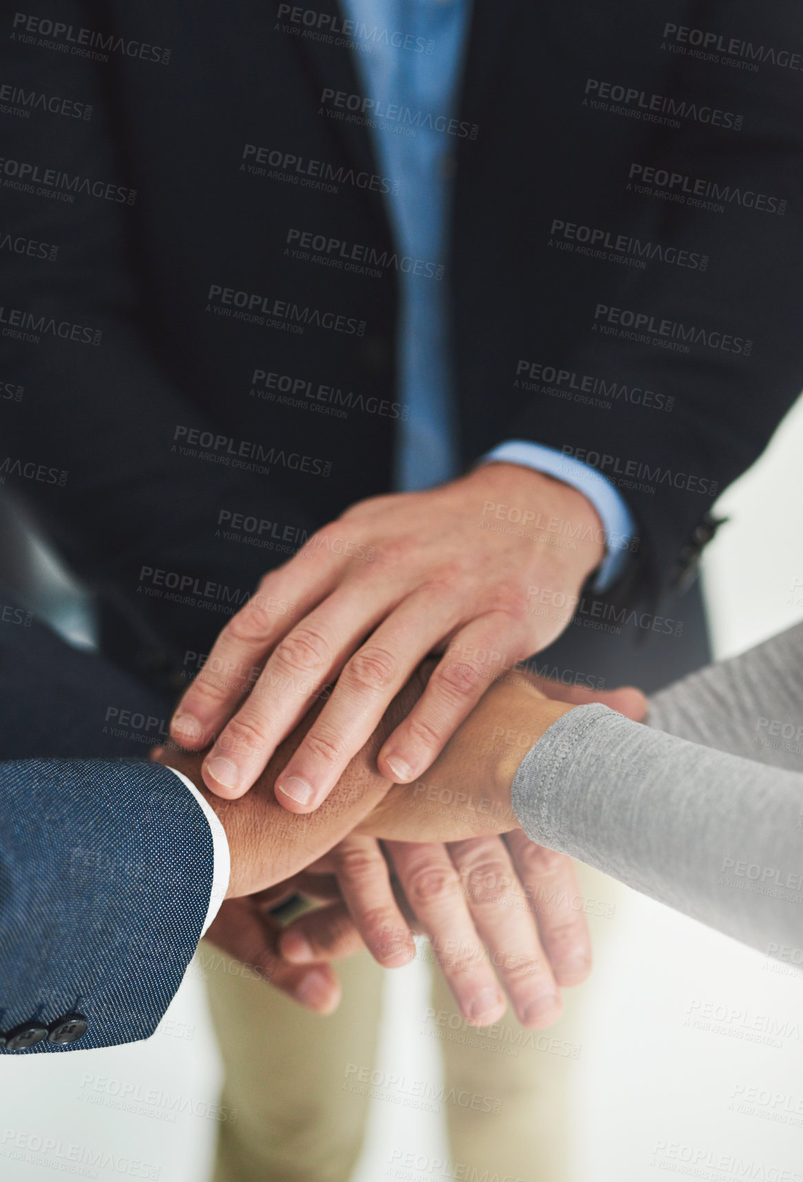 Buy stock photo Hands, stack and motivation with business people, team and circle with support, collaboration and above in office. Group, celebration and solidarity for connection, agreement or success at law firm