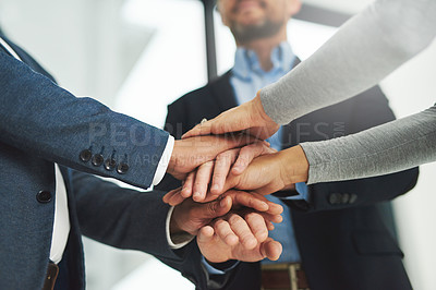 Buy stock photo Business people, hands stack and teamwork with motivation, collaboration and support for goals in workplace. Men, women and team building with solidarity for growth, staff and trust with diversity