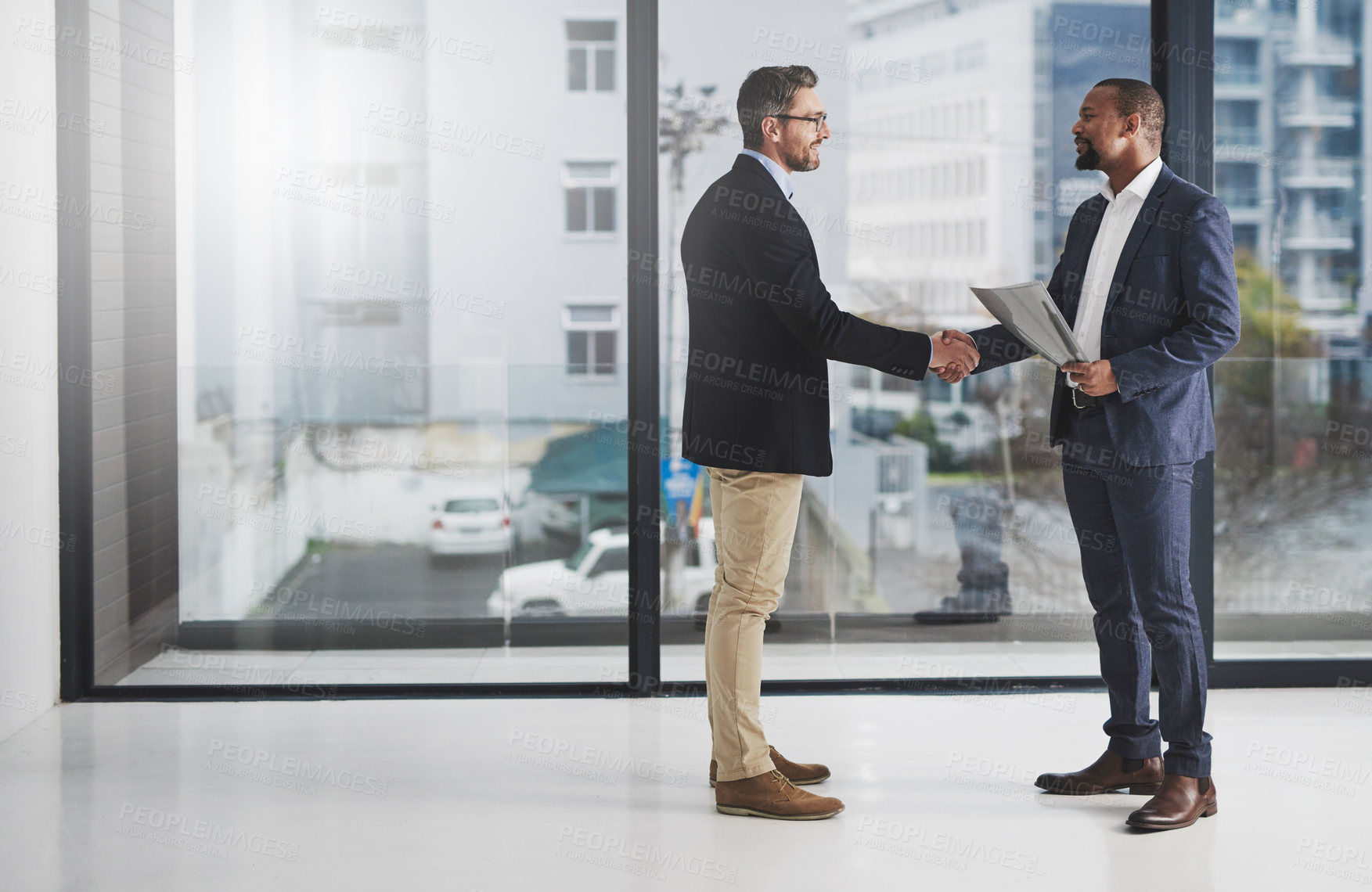 Buy stock photo Business men, hand shake and welcome for partnership, agreement and team building with diversity. Businessman, partner and shaking hands with respect, hr onboarding or b2b collaboration for teamwork
