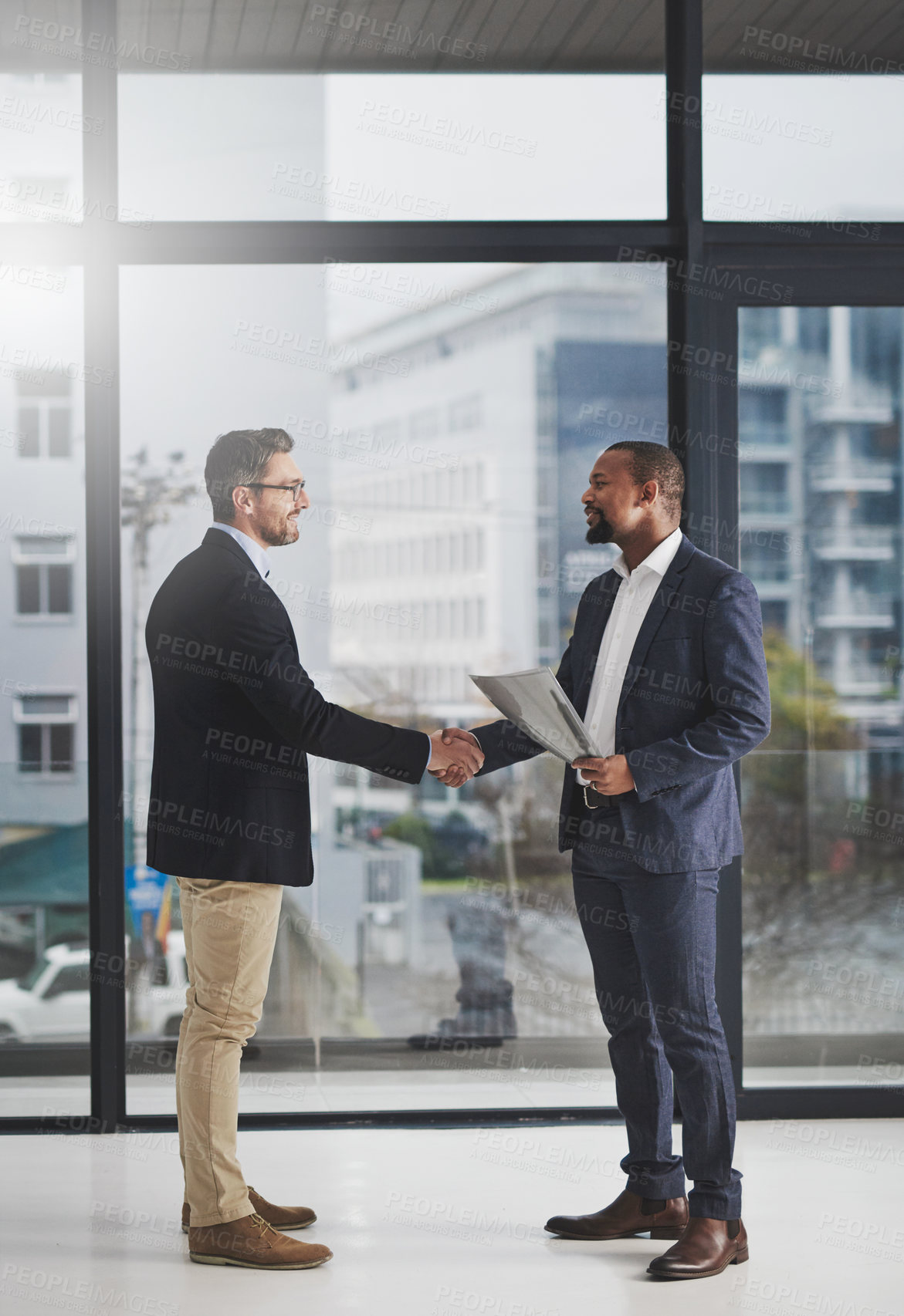 Buy stock photo Business men, shaking hands and welcome for partnership, agreement and team building with diversity. Businessman, partner and contract with respect, hr onboarding or b2b collaboration for teamwork