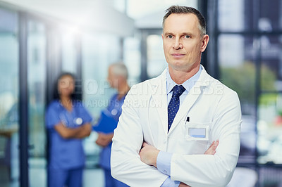 Buy stock photo Healthcare, mockup and portrait of doctor with confidence in hospital, support from leader in medical career. Health care, pride and medicine, confident man or professional surgeon in workplace space