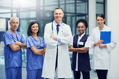 Buy stock photo Healthcare, teamwork and portrait of hospital staff, doctors and nurses for support in medical career. Health care, wellness and team of confident men, women and clinic with smile and work happiness.