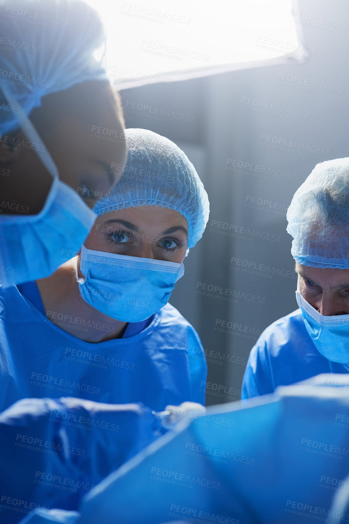 Buy stock photo Surgery, operating room and portrait of woman doctor with team, healthcare and teamwork in professional medicine. Medical innovation, emergency and focus, surgeon with expert staff in hospital icu.