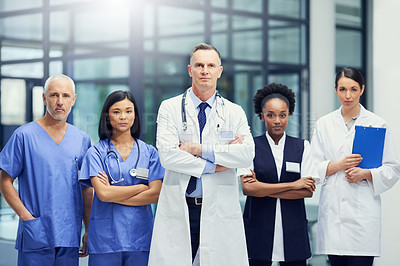 Buy stock photo Healthcare, confidence and portrait of doctors and nurses in hospital for teamwork, support and leadership in work. Health care career, man and women in confident medical professional team with pride
