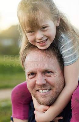 Buy stock photo Cropped portrait of a little girl and her father standing outside