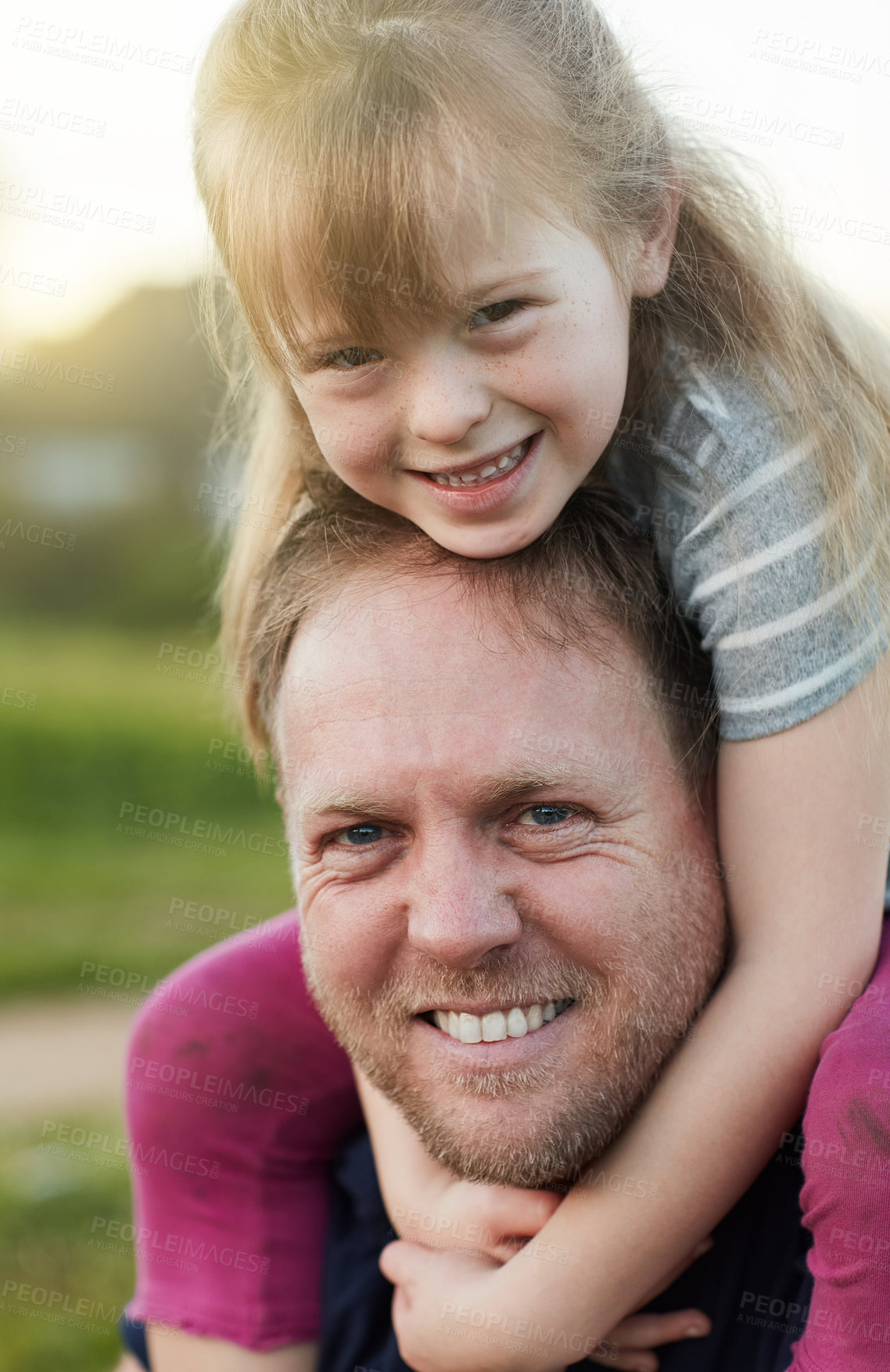 Buy stock photo Piggyback, girl and portrait with father at countryside for summer vacation, travel or journey together. Child, man and face with happiness in nature for holiday, love and tourism adventure in Sweden