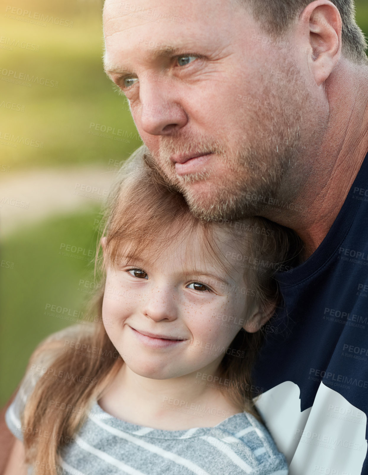 Buy stock photo Hug, girl and portrait with father at countryside for summer holiday, tourism and journey together. Man, kid and face with happiness in nature for vacation, love and travel adventure in Norway