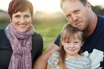 Buy stock photo Smile, girl and portrait with parents at countryside for summer travel, vacation or journey together. Child, man and woman with happiness in nature for love, support and holiday adventure in Norway