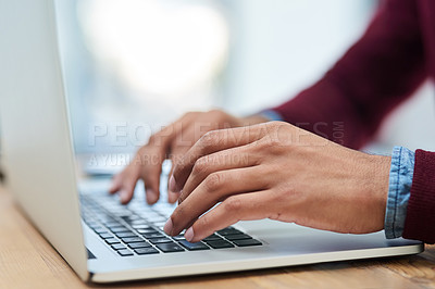 Buy stock photo Laptop, hands and business person typing email for project, blog or writing article on desk in startup. Computer, closeup and professional on keyboard at table for creative copywriting on internet