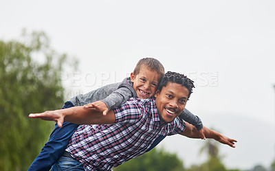 Buy stock photo Family, portrait and airplane with child in nature for fun, games and happy dad for holiday in garden. Man, boy and support outdoor for development, piggyback and connection in park for relax