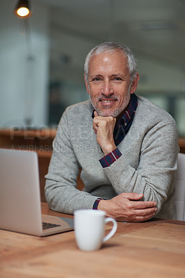 Buy stock photo Portrait, businessman and laptop in office with smile, coffee and working at night for project. Happy, corporate and senior male person in workplace for online, email and commitment to company