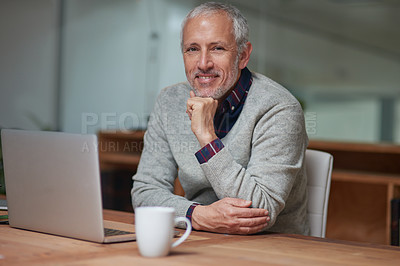 Buy stock photo Businessman, portrait and laptop in office with smile, coffee and working at night for project. Happiness, corporate and senior male person in workplace for online, email and commitment to company
