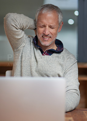 Buy stock photo Mature man, laptop and neck pain in office for stress, injury and health problem or overworked. Male person, burnout and fatigue busy on technology for tired entrepreneur, tension and strain