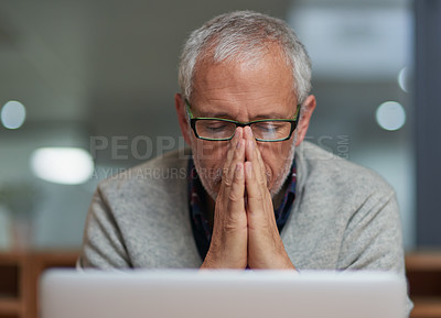 Buy stock photo Businessman, stress and laptop in workplace for anxiety, frustrated and headache for project. Corporate male person, mental health and fear for career, mistake and stock market problem or crisis