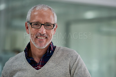 Buy stock photo Happy, portrait and businessman in workplace for career, commitment and management with pride. Face, ceo and male person in office with smile for startup, development and international project 