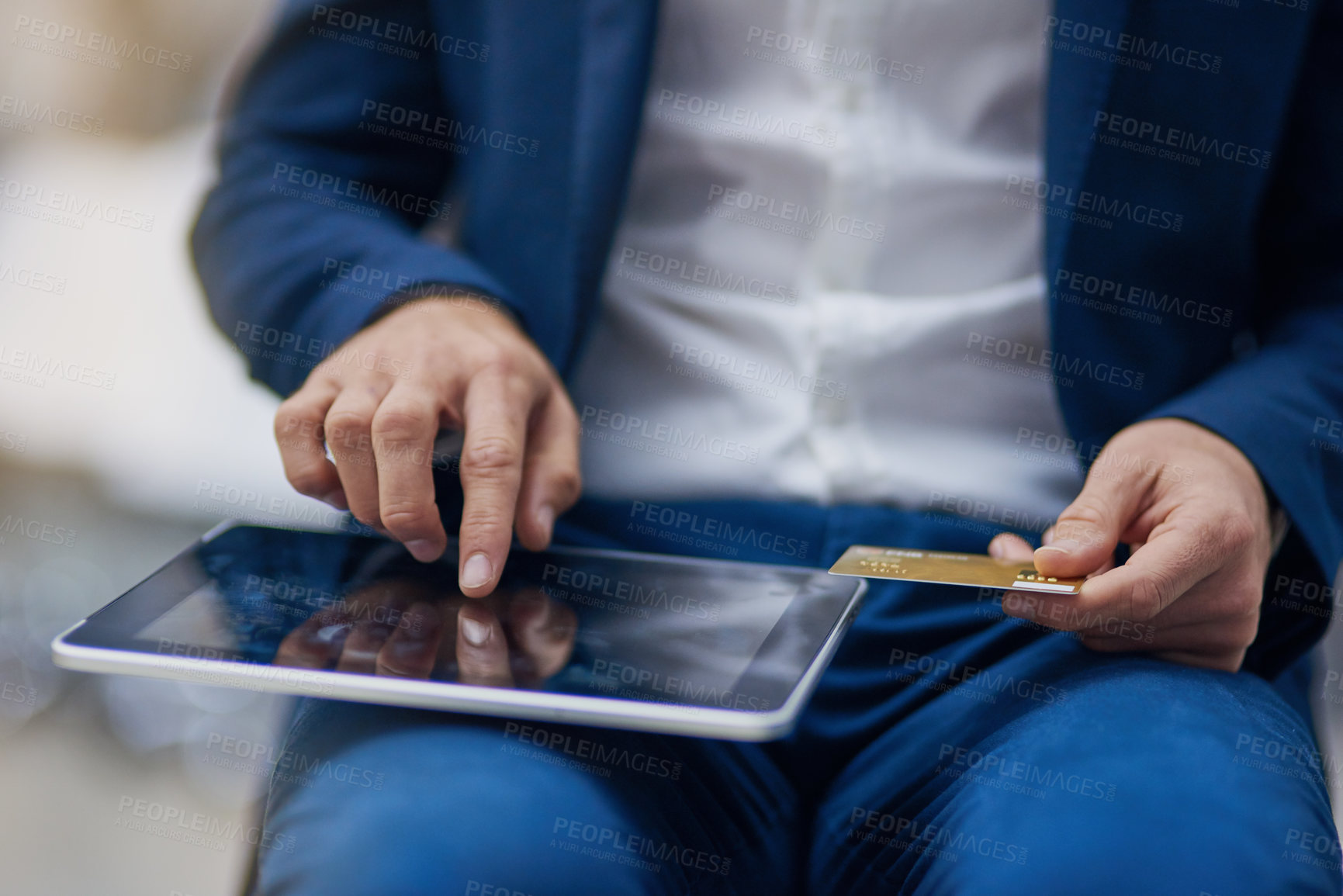 Buy stock photo Closeup, businessman and tablet for credit card, hands and online payment for shopping, banking and website. Ecommerce, technology and internet or buying, transaction and virtual purchase or sale