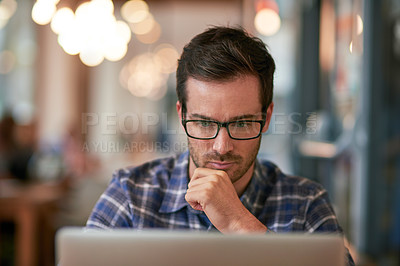 Buy stock photo Man, working and coffee shop or laptop, email and remote work for digital, technology and restaurant. Businessman, entrepreneur and internet for communication, browsing and thinking or planning